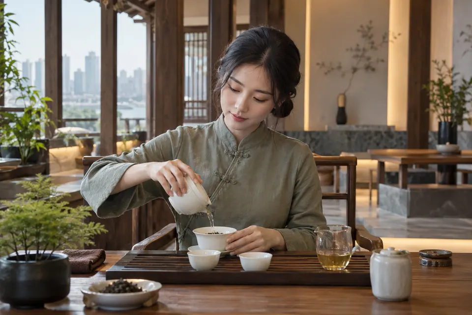 长沙新中式茶席上以盖碗冲泡，年轻女性在旁注水