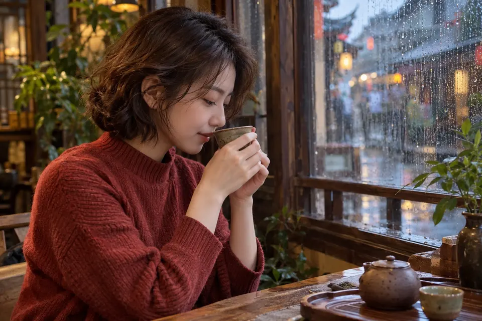 雨天窗边,陶杯中盛着茶汤,旁有闻香动作