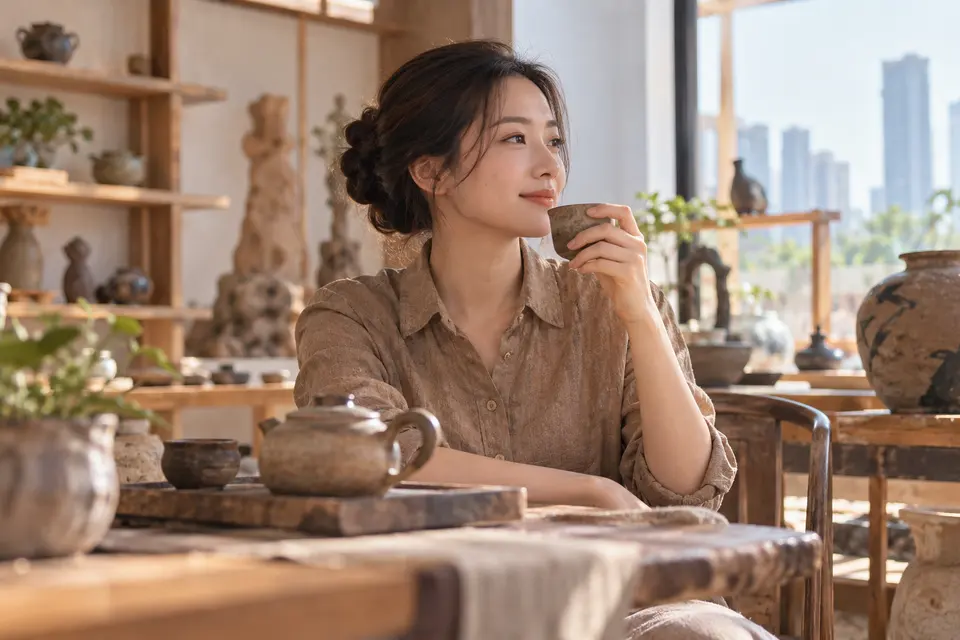 陶艺茶器工作室中的茶杯与陶器陈列