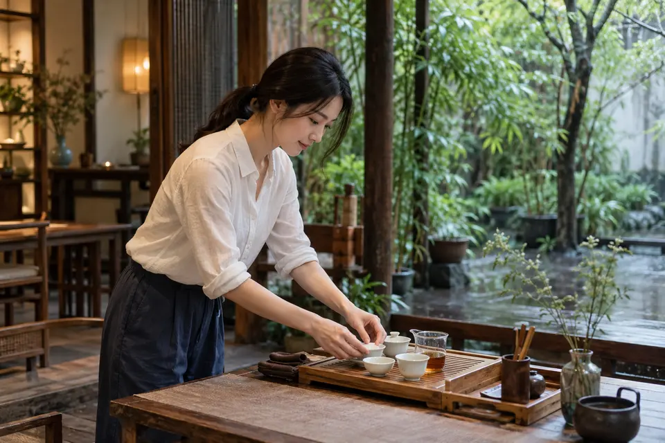庭院中的茶席布置,盖碗与竹制茶具