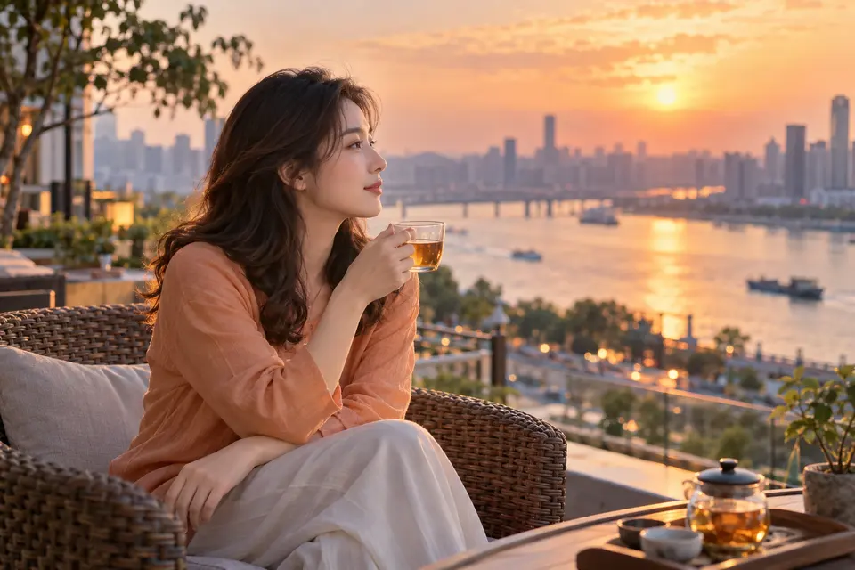 江景露台上的休闲品茶场景，玻璃杯中茶汤清亮